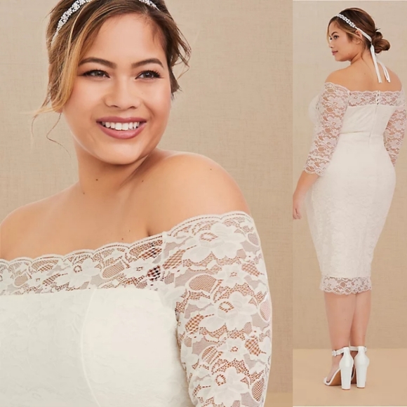 Torrid SPECIAL OCCASION IVORY LACE OFF SHOULDER BODYCON DRESS - Picture 5 of 8